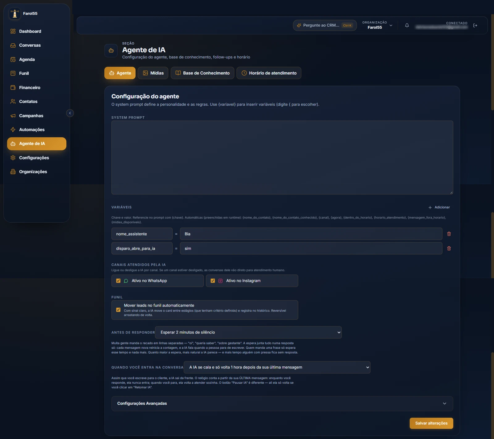 Configuração do Faroleiro no painel
